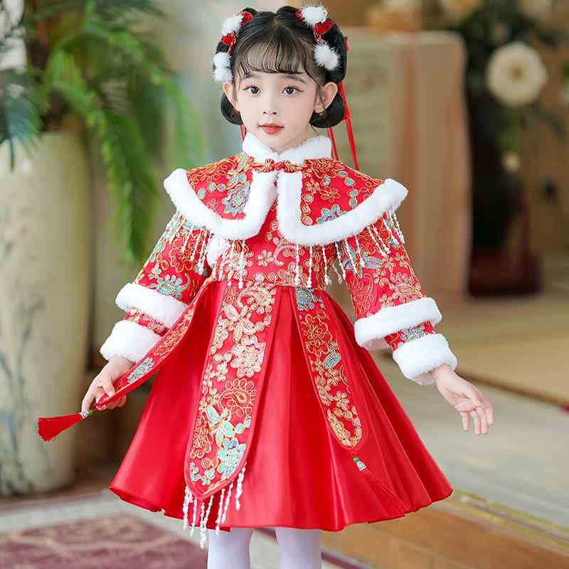 唐装 子供 女の子 漢服 チャイナドレス 裏起毛 厚手 花柄 かわいい おしゃれ プリンセスドレス 柔らかい肌触り 綿混 ポリエステル ワンピース 秋冬 お正月 祝い着 発表会 イベント