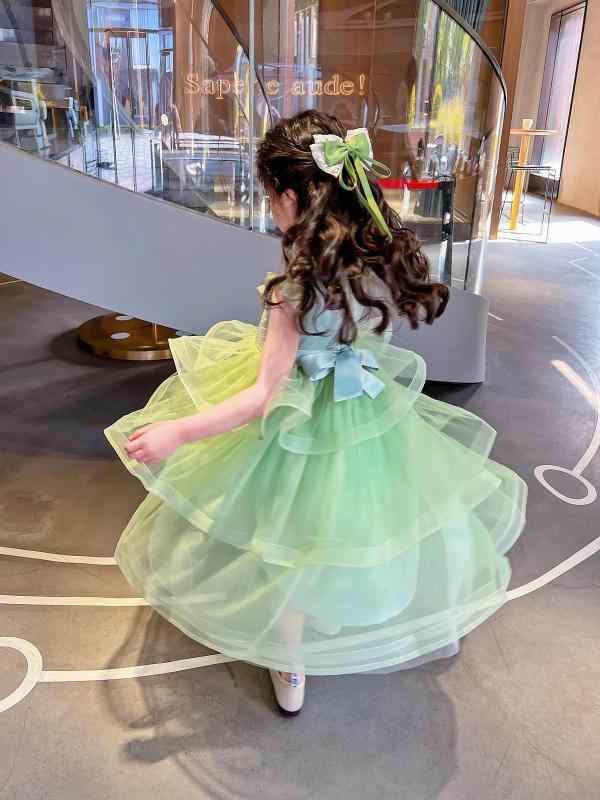 ワンピース 女の子 漢服 中華服 チャイナドレス 唐装 ロリータ プリンセスドレス 発表会 イベント 舞台 衣装 コスチューム 高級感 花柄 メッシュ ソフト加工 ポリエステル 緑