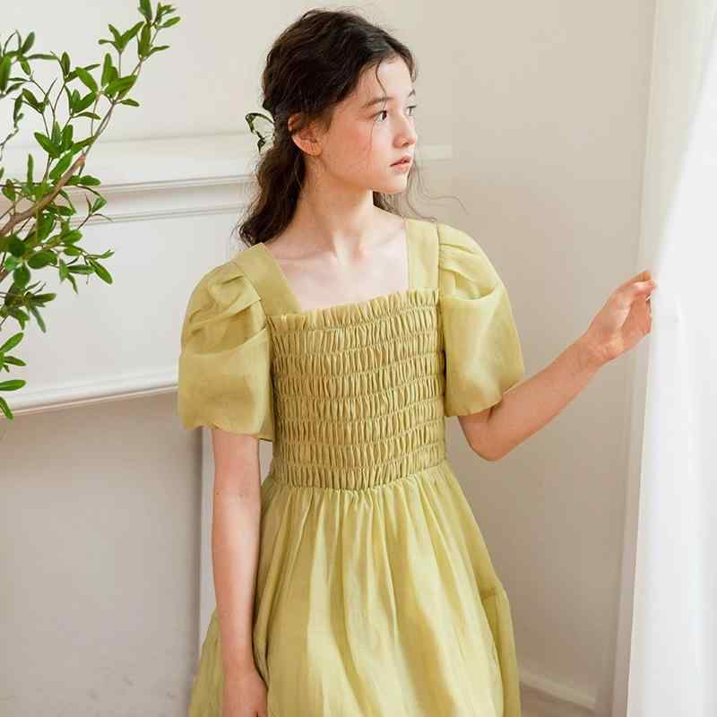キッズ 女の子 ワンピース 春夏 フレンチスタイル パフスリーブ スクエアネック ギャザー Aライン 細見え 着痩せ フェミニン ポリエステル 無地 ジュニア