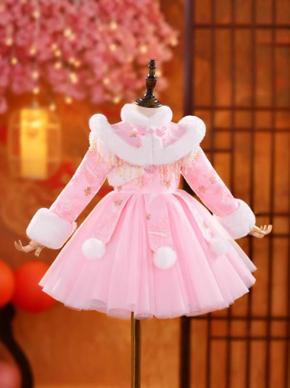 チャイナドレス 女の子 子供用 中華風 漢服 裏起毛 保温 厚手 かわいい プリンセスワンピース お正月 お祝い ドレス ポリエステル ピンク レッド 冬春