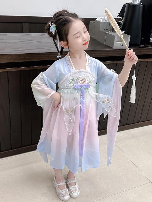 漢服 女の子 子供 キッズ 秋物 古風 刺繍 民族衣装 ワンピース ドレス 襦裙 プリンセス チュールスカート ポリエステル ブルー ピンク イベント 発表会