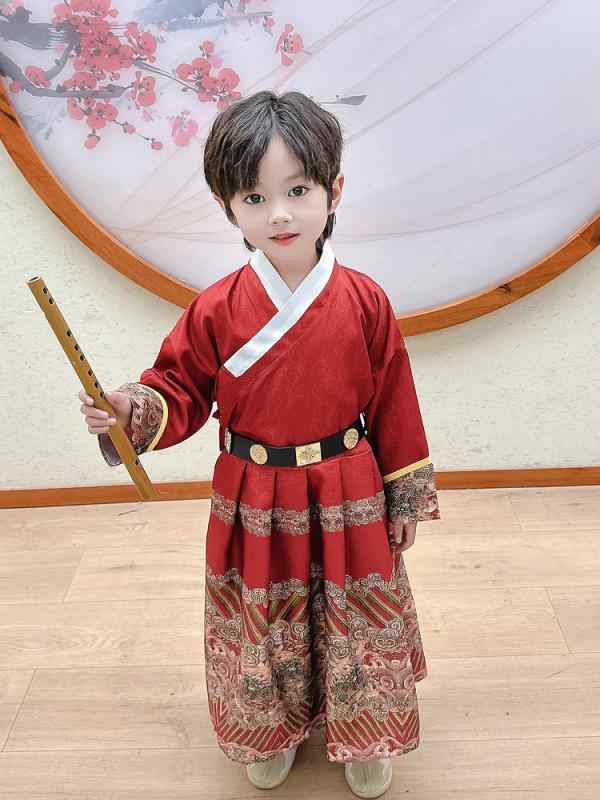 子供 男の子 漢服 中国風 馬面スカート 古風 伝統衣装 発表会 舞台 イベント 国学 綿混紡 アセテート繊維 秋冬 赤 黒 3歳から8歳向け
