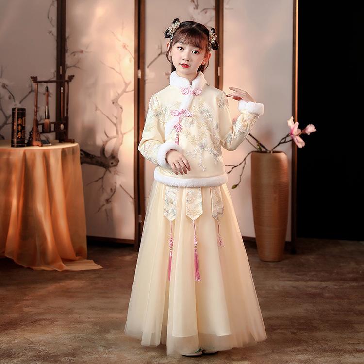 キッズ 唐装 女の子 中大童 漢服 古装 中国風 チャイナ風 秋冬 厚手 新年 お正月 晴れ着 発表会 イベント かわいい 優雅 花柄 チュール 綿裏地付き 混紡素材 ポリエステル ピンク レッド シャンパンカラー