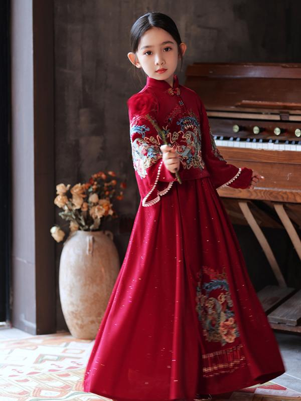 チャイナドレス 女の子 ガールズ キッズ 中国風 漢服 民族衣装 伝統衣装 新年 正月 お祝い 発表会 イベント 赤 レッド 厚手 暖かい プリンセス 唐装 ドレス 秋冬