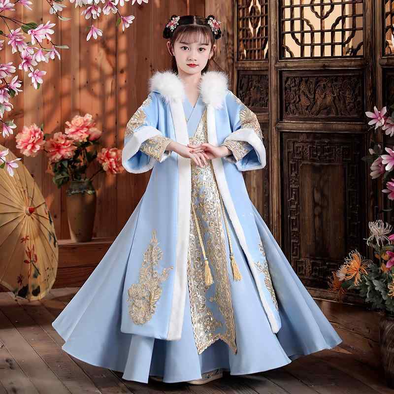漢服 女の子 キッズ 厚手 中国風 チャイナドレス 唐装 古典衣装 レトロ かわいい プリンセス 長袖 ブルー 花柄 麻 リネン 民族衣装 お祝い 晴れ着 正月 発表会 記念撮影