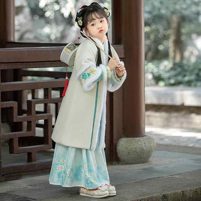 漢服 キッズ 女の子 中国風 唐装 厚手 ポリエステル ブルー 高級感 華やか 古風 民族衣装 正月服 冬物 お祝い イベント 発表会 コスチューム