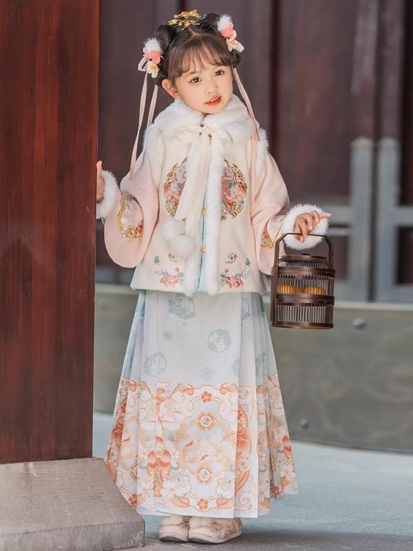 キッズ 女の子 漢服 唐装 馬面スカート 中華風 民族衣装 古風 厚手 暖かい 防寒 かわいい スウィート ロングスカート 秋冬 旧正月 新年 お祝い 七五三 発表会