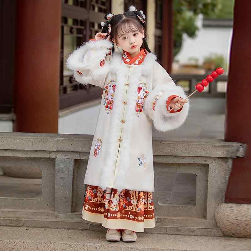 漢服 キッズ 女の子 女児 冬物 中国風 中華風 唐装 民族衣装 厚手 裏起毛 保温 暖かい お正月 祝い服 かわいい ポリエステル 動物柄 ウサギ柄 ロング丈 白 発表会 普段使い