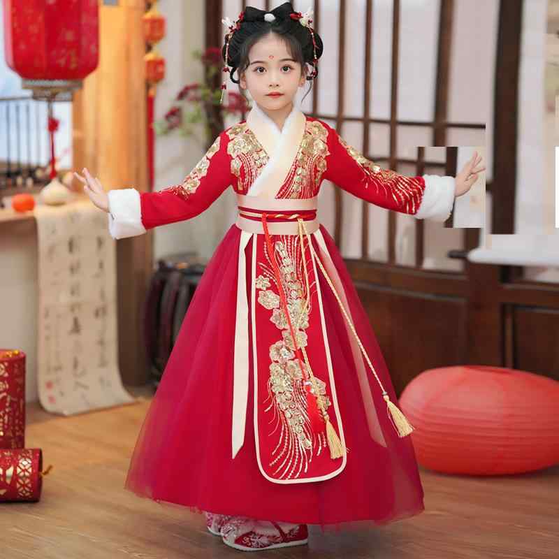 チャイナドレス キッズ 女の子 中国風 漢服 唐装 礼服 赤 レッド 花柄 プリンセス 姫系 フォーマル セレモニー 晴れ着 お正月 初詣 発表会 衣装 綿混 ポリエステル 厚手 裏起毛 春秋