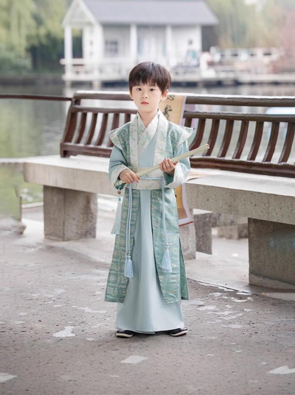 キッズ 男の子 漢服 唐装 中国伝統衣装 夏物 半袖 薄手 通気性 古風 レトロ 武侠風 普段着 亜麻 ブルー ジュニア 小学生 中学生