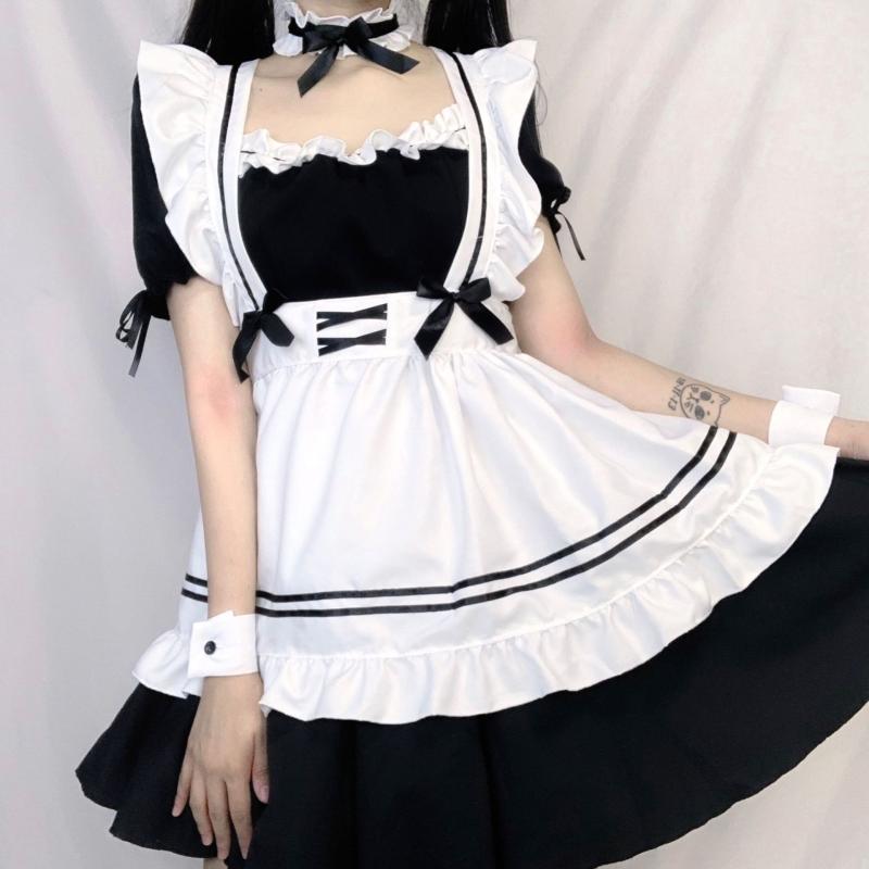 メイド服 レディース 日系 ロリータ コスプレ アニメ キャラクター 仮装 大きいサイズ ゆったり S-4XL ポリエステル製 かわいい スウィート ガーリー イベント パーティー ブラック ブルー ピンク レッド