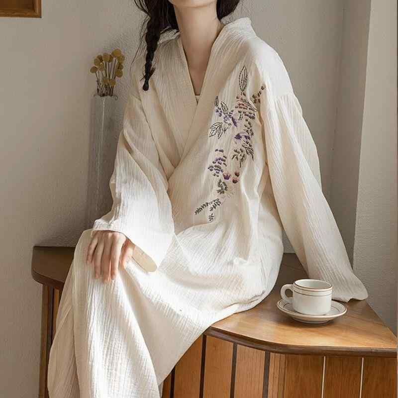 ナイトローブ レディース 女性用 モダンチャイナ 中国風 長袖 シンプル 帯付き パジャマ ルームウェア ガウン ポリエステル 通気性 快適 ホワイト 春秋