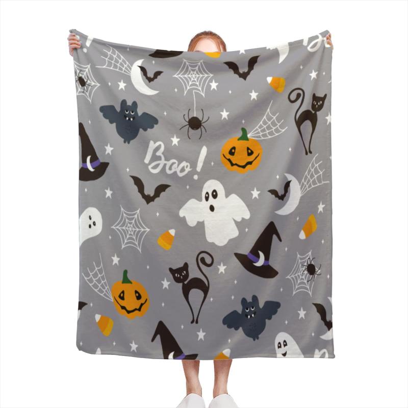 ブランケット ハロウィン柄 フランネル ふわふわ 柔らかな肌触り 心地よい 軽量 ソファカバー ひざ掛け ベッドスロー 四季兼用 ポリエステル グレー おばけ かぼちゃ かわいい