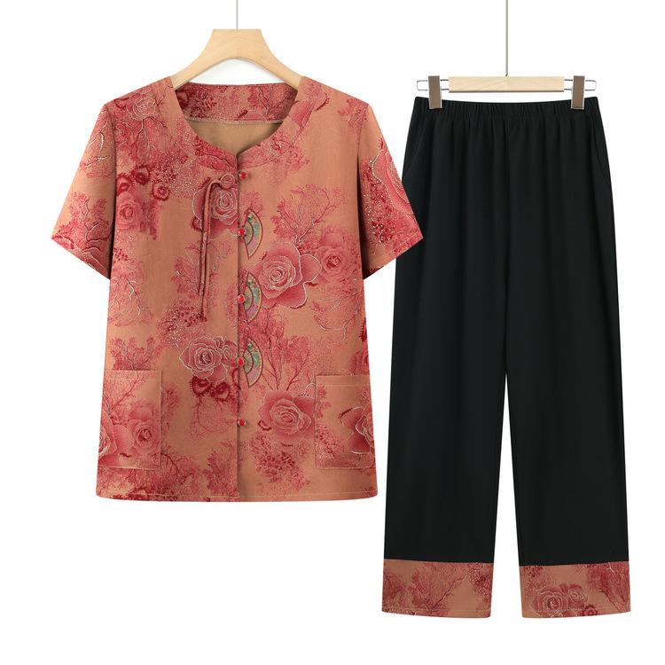 セットアップ レディース ミセス 中高年 夏 半袖 シフォンブラウス ロングパンツ 上下セット 花柄 ゆったり カジュアル 普段使い 薄手 ポリエステル ストレッチ