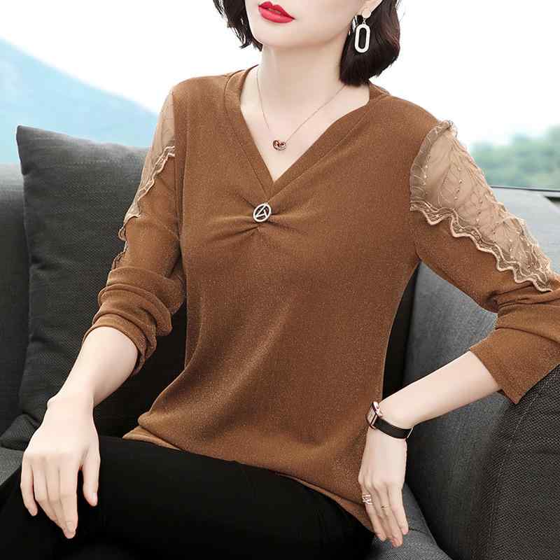 Tシャツ レディース 長袖 メッシュ シアー Vネック カットソー プルオーバー ゆったり ルーズ 大きいサイズ 体型カバー ミセス ママ世代 上品 エレガント きれいめ オフィス 通勤 フォーマル ポリエステル ナイロン 春秋 ブラウン 無地