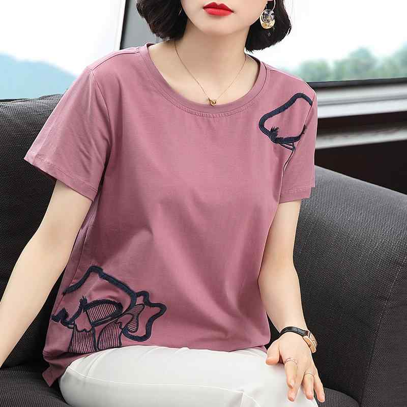 Tシャツ レディース 半袖 トップス コットンブレンド ゆったり 体型カバー 大きいサイズ ミセス ママ カジュアル きれいめ通勤 刺繍 ラウンドネック プルオーバー 夏 パープル系