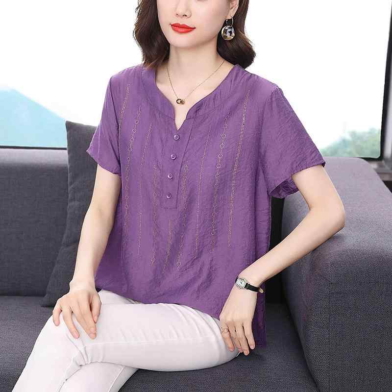 Tシャツ レディース ママ ミセス 半袖 春夏 ゆったり ルーズフィット 体型カバー お腹カバー Vネック プルオーバー 再生繊維 幾何学模様 ラインストーン 立体デザイン パープル 上品 きれいめ カジュアル 通勤 オフィス 普段使い