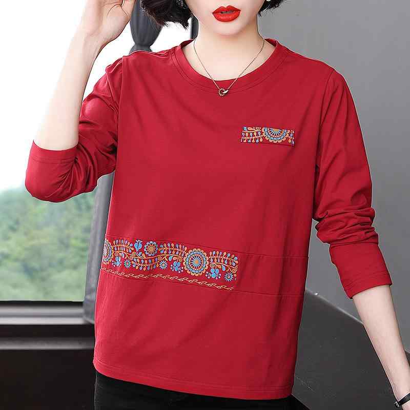 Tシャツ レディース ミセス コットン 長袖 ゆったり クルーネック レッド ロゴ プリント 刺繍 春夏 きれいめ エレガント 通勤 普段使い ラッキーアイテム 年末年始 華やか