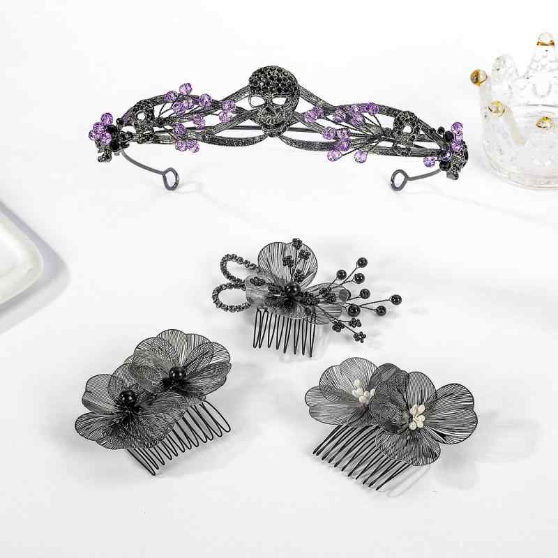 ヘアアクセサリー レディース ハロウィン パーティー 欧米風 ゴシック ダーククイーン スカル クラウン 大ぶり 個性的 合金製 ブラック 髪飾りコーム