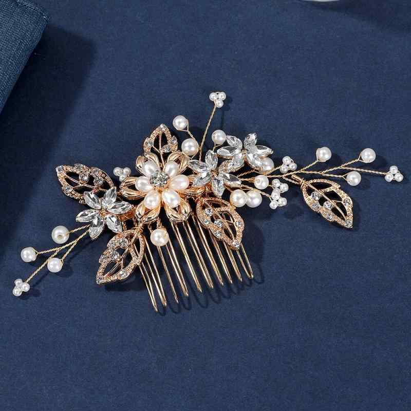 ヘアコーム ヘッドドレス レディース ブライダル ウェディング 花嫁 リーフ パール 合金 ゴールド 挿し櫛 アップヘア パーティー 披露宴 フォーマル 欧米風 手編み サイドアクセサリー