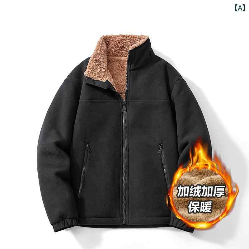 ジャケット メンズ 中年向け 秋冬 フリース 厚手 裏起毛 無地 ジップアップ 立ち襟 スポーツ カジュアル アウトドア アウター 暖かい 防寒 ゆったり ポリエステル 長袖