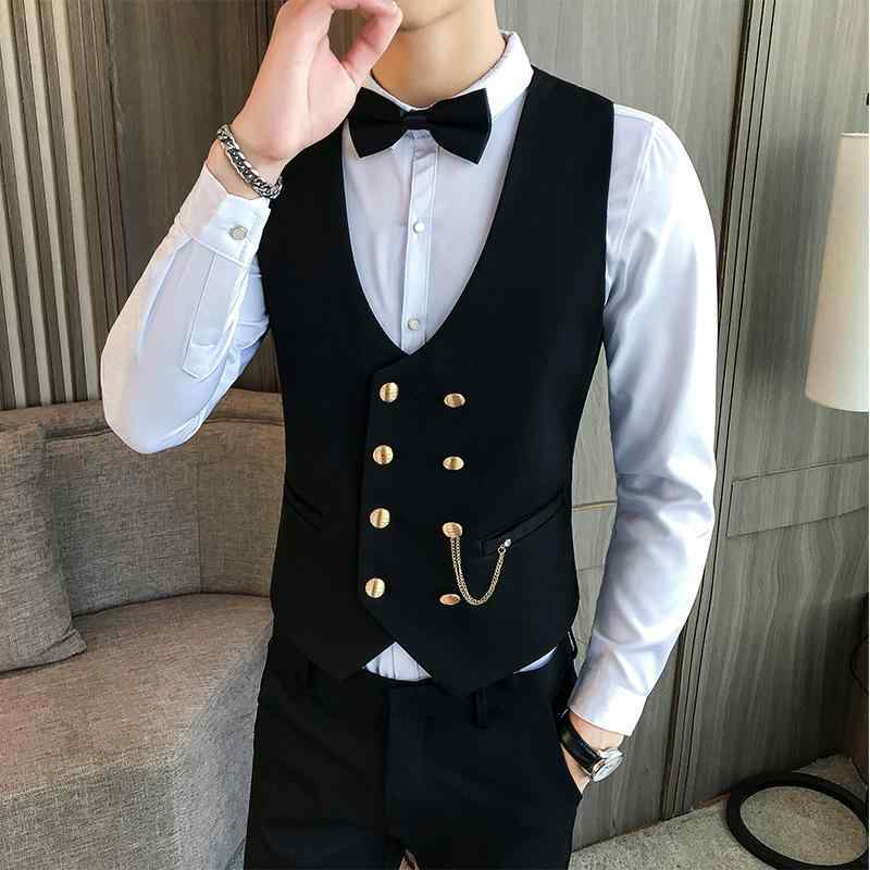 ベスト 美容師 ワークウェア 作業着 男女兼用 ユニフォーム 制服 ジレ メタルダブルボタン Vネック ショート丈 綿 コットン 無地 カジュアル フィット 韓国風 春夏