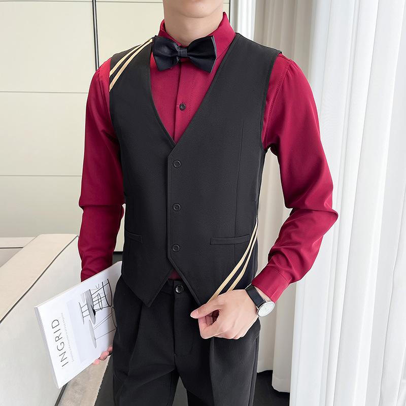 ベスト メンズ 男性用 韓国風 シングルボタン ジレ 接客業 サービス業 制服 ユニフォーム ビジネス オフィス スリムフィット ノーカラー Vネック 綿混 ポリエステル 春秋