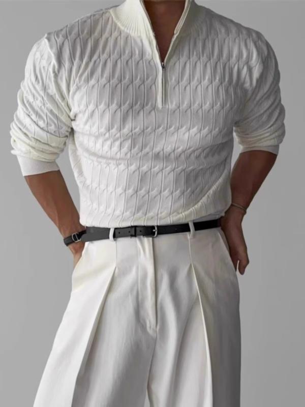 ニット メンズ 男性用 秋冬 モックネック ハーフジップ 長袖 ケーブル編み ゆったり ビッグシルエット カジュアル ルーズフィット 厚手 通気性 洗える ホワイト ブラック