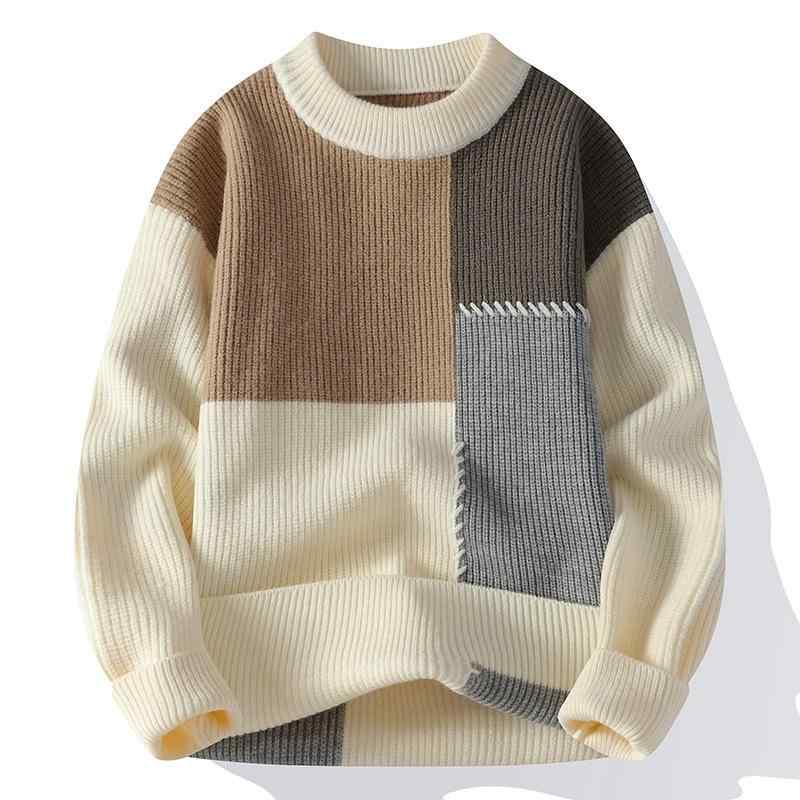 ニット メンズ 秋冬 カジュアル クルーネック 長袖 プルオーバー セーター トップス ゆったり 綿混紡 ウォッシャブル 普段使い カーキ ブラック
