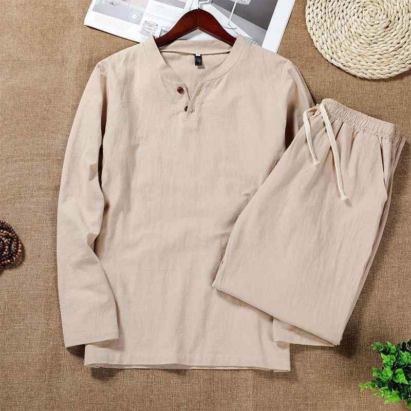 メンズ Tシャツ セットアップ 中華風 綿麻 リネン 長袖 ノーカラー 上下セット スリムフィット 禅服 作務衣 ルームウェア 部屋着 カジュアル 春秋 カーキ グレー ブラック ネイビー