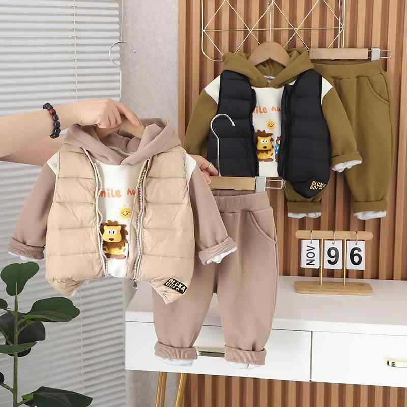 キッズ ベビー服 男の子 ベスト パーカー パンツ スリーピース セットアップ 裏起毛 厚手 フード付き ジップアップ 韓国風 綿混紡 秋冬 防寒 普段使い 通園 アニマル柄 ライオン ベージュ カーキ