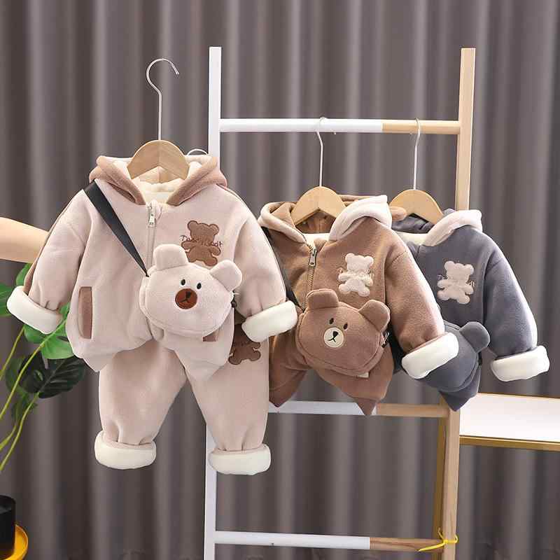 キッズ 男の子 ベビー服 冬物 あったか 裏起毛 厚手 防寒 上下セット 綿混紡 フード付き ジャケット ロングパンツ 2点セット 韓国風 カジュアル ジッパー 動物柄 キャラクター オフホワイト グレー ダークブラウン