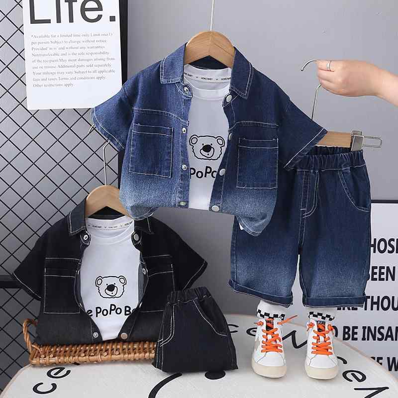 ベビー 男の子 春夏 デニム セットアップ 半袖 Tシャツ ハーフパンツ 3点セット 綿 コットン 柔らか素材 薄手 アルファベット柄 おしゃれ カジュアル 普段使い お出かけ 前開き デニムブルー ブラック
