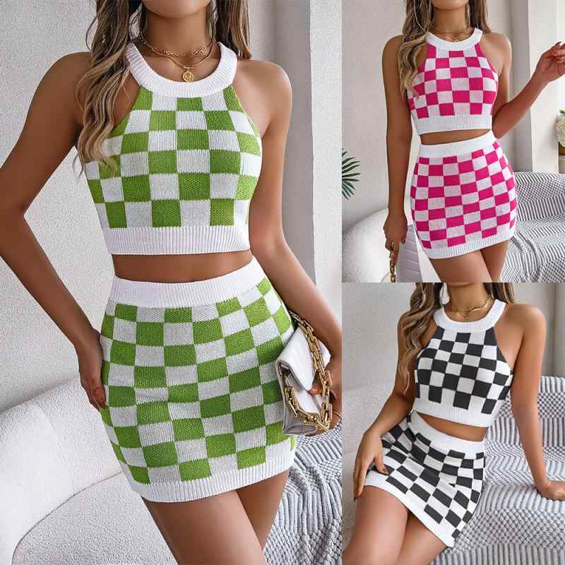 ニットセットアップ レディース 女性用 春夏 欧米風 ストリートカジュアル カラーブロック チェック柄 ノースリーブ クロップド丈トップス タイトスカート レーヨン素材 グリーン 黒 ローズレッド