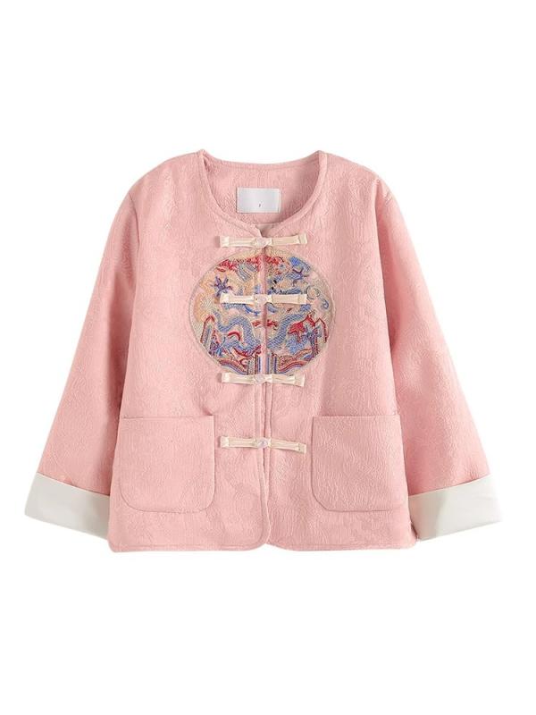 アウター 女の子 キッズ 新チャイナ風 レトロ 刺繍 組み紐ボタン ラウンドネック シングルボタン 長袖 ショート丈 トップス ジャケット 春秋 柔らか素材 かわいい ベージュ ピンク