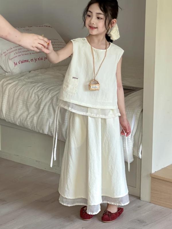 キッズ 女の子 セットアップ 春夏 ノースリーブ プリンセス風 親子コーデ リゾートスタイル スカート 2点セット 無地 綿 オフホワイト カジュアル 柔らかい 快適
