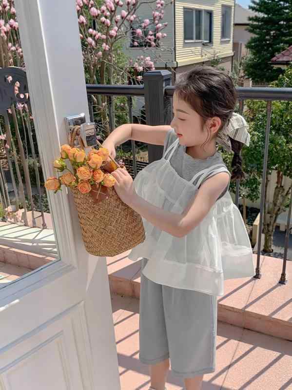 セットアップ キッズ 女の子 半袖Tシャツ メッシュキャミソール トップス 韓国風 かわいい おしゃれ プリンセス風 ガーリー 通園 通学 普段使い 上下セット 夏 ポリエステル