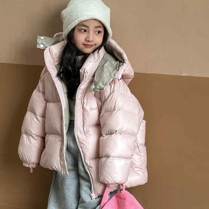 ダウンジャケット 女の子 キッズ ジュニア 秋冬 光沢感 シャイニー フード付き ショート丈 白ダックダウン 厚手 暖かい 防寒 ゆったり オーバーサイズ かわいい おしゃれ カジュアル ライトピンク アウター コート 普段使い 通学|way-ugo