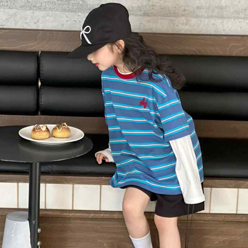 Tシャツ 女の子 キッズ 長袖 切り替え ボーダー ゆったり フェイクレイヤード コットン クルーネック 青色トップス 春夏 韓国風 カジュアル 普段使い 柔らかな肌触り