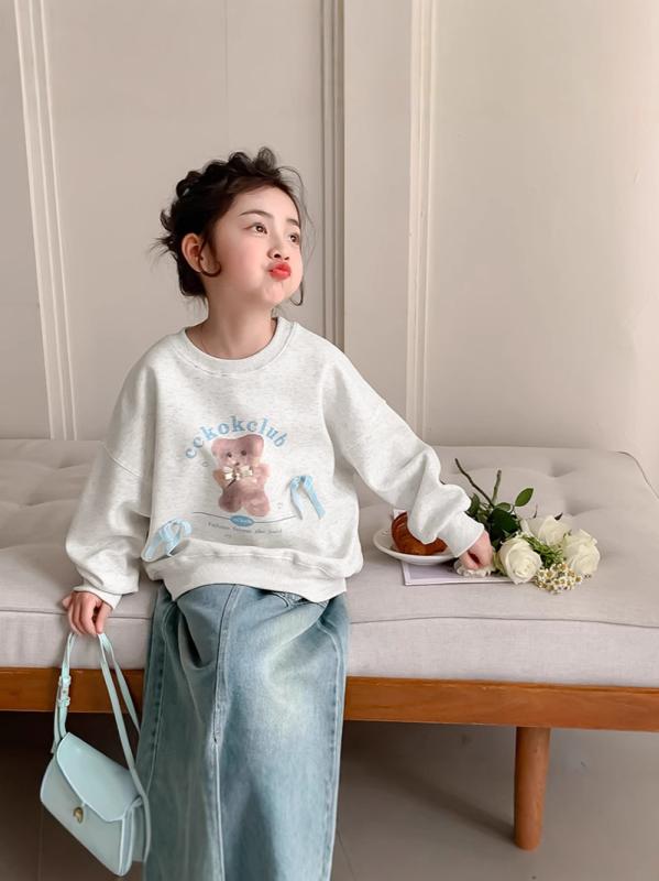 スウェット 女の子 ガールズ キッズ 子供服 長袖 トレーナー プルオーバー トップス 韓国風 オルチャン キャラクター かわいい 綿 コットン 柔らか素材 春秋 普段着 通園 通学 グレー