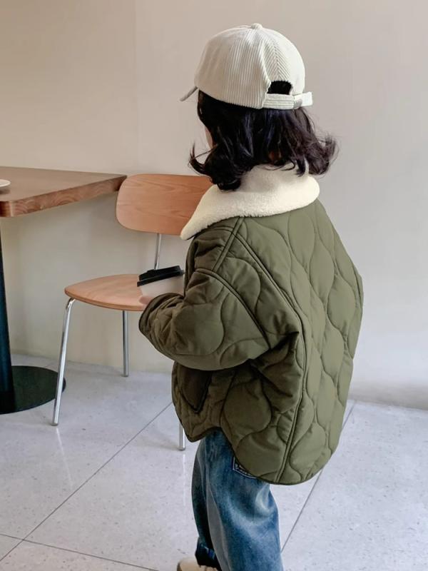 中綿コート 女の子 キッズ 子供服 秋冬 アウター 防寒 あったか 韓国風 おしゃれ かわいい 厚手 襟付き フードなし シングルボタン ポリエステル グリーン