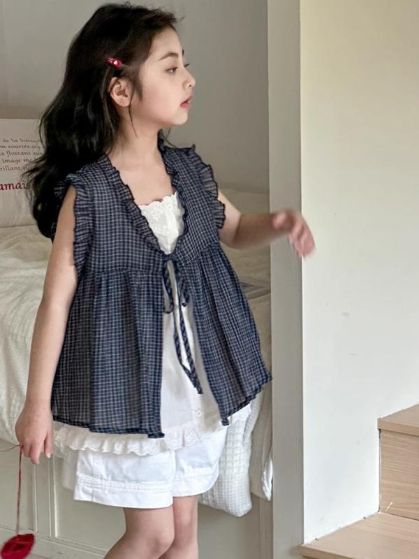 ブラウス キッズ 女の子 重ね着風 チェック柄 ノースリーブ Vネック やわらか コットン100% 春夏 ブラック 韓国風 かわいい 親子リンク カジュアル 普段使い