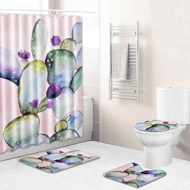 トイレタリー 4点セット シャワーカーテン トイレマット フタカバー 足元ラグ 洗濯可能 吸水速乾 滑り止め ポリエステル製 北欧 モダン おしゃれ