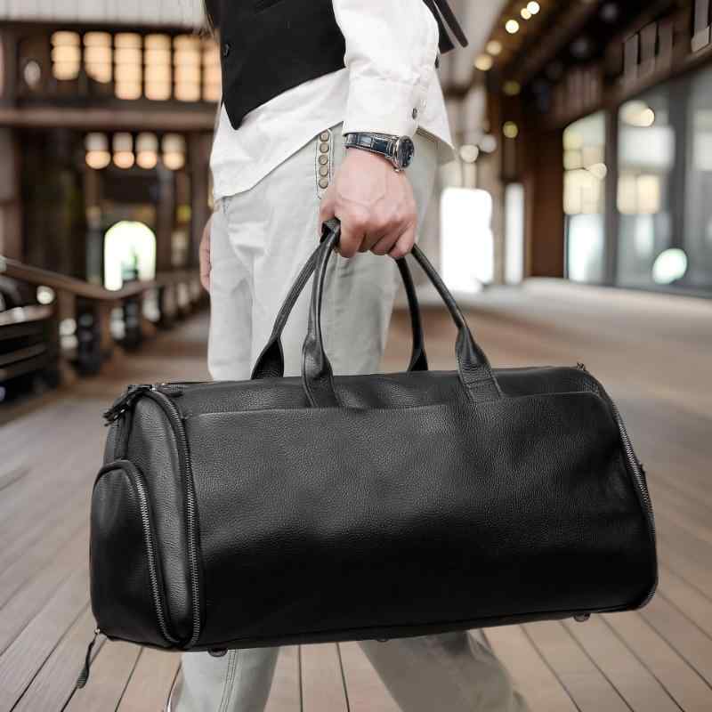 ボストンバッグ ダッフルバッグ 男女兼用 ユニセックス 大容量 トップグレインレザー 牛革 本革 多機能 乾湿分離 スーツ収納 折りたたみ ジム スポーツ 出張 旅行 手提げ カジュアル ブラック