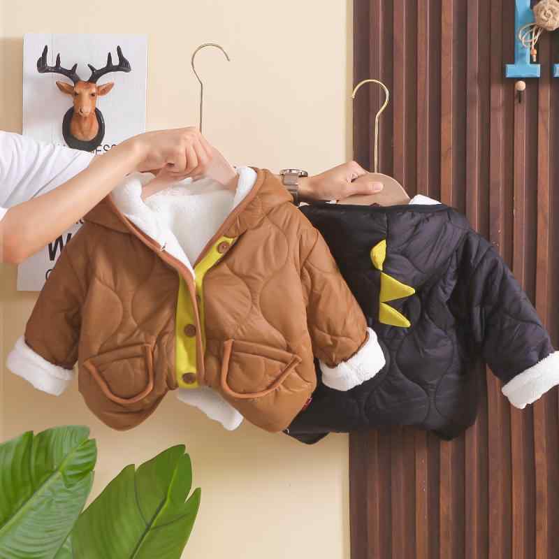 ベビー 男の子 冬用 裏起毛 厚手 セットアップ 上下セット ジップアップ パーカー フード付き コットン 綿 パンツ ズボン カジュアル 暖かい 動物柄 キャラクター 英字柄 ブラック コーヒー色 普段着 部屋着