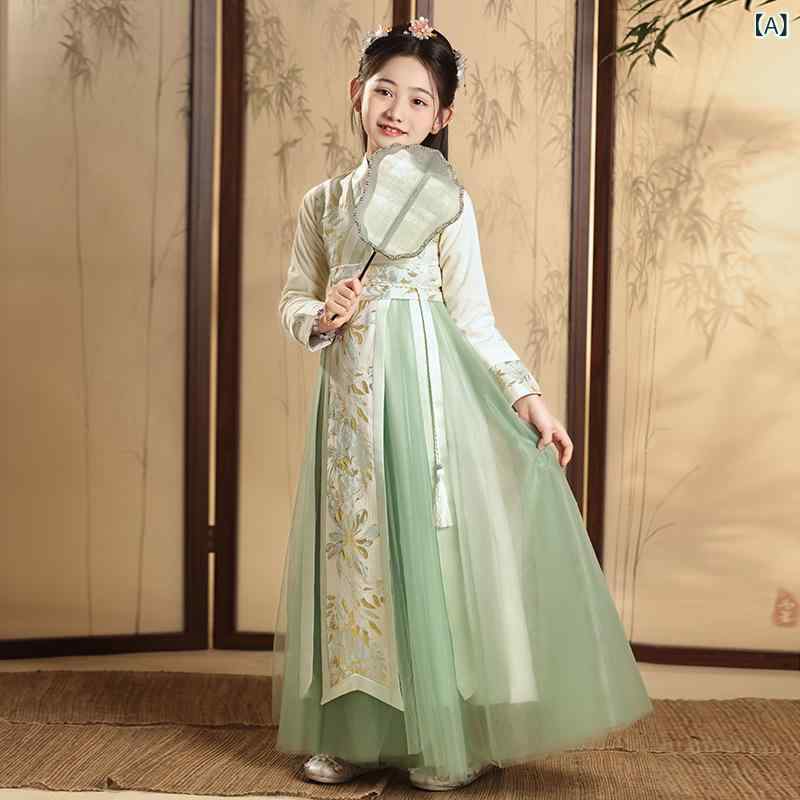 民族衣装 女の子 子供 漢服 唐装 プリンセスドレス ワンピース 古風 レトロ 華やか チャイナ風 普段着 デイリー 春秋 ポリエステル グリーン 緑色