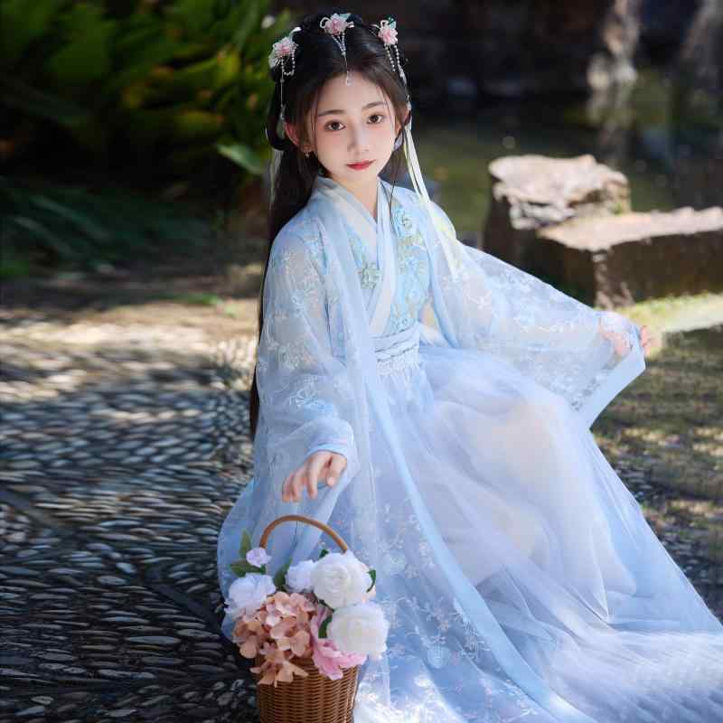 漢服 女の子 女児 子供 キッズ 中国風 古風 優雅 軽やか 普段着 発表会 舞台 イベント 民族衣装 唐装 ポリエステル 藍色 春夏