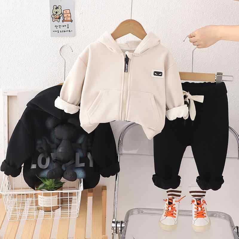 セットアップ 男の子 キッズ ベビー 冬 秋冬 スウェット トレーナー フード付き ジップアップ 裏起毛 コットンアウター 暖かい 防寒 キャラクター かわいい 綿 柔らかい ロングパンツ 上下セット 3点セット アイボリー 黒