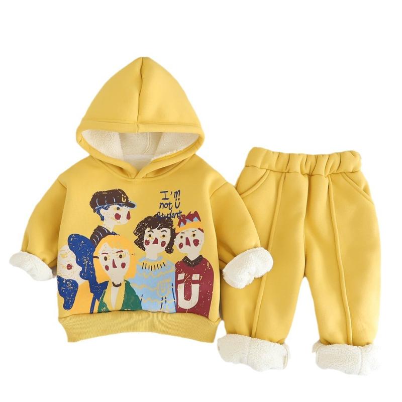 子供服 セットアップ キッズ 男の子 女の子 ベビー 秋冬 防寒 裏起毛 暖かい コットン プリント フード付き トレーナー スウェット ロングパンツ 長ズボン 2点セット 上下セット