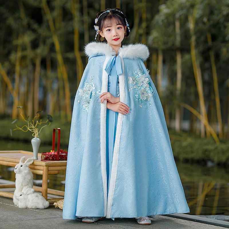 ケープ ガールズ 女の子 子供服 漢服 チャイナ服 中国風 マント ポンチョ 羽織り 秋冬 裏起毛 フリース 中綿入り 厚手 暖かい 防寒 あったか ブルー 青色 花柄 レトロ プリンセス お出かけ イベント